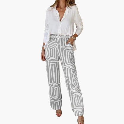 Women's Two-Piece Long Sleeve Blouse and Straight Leg Pants Set