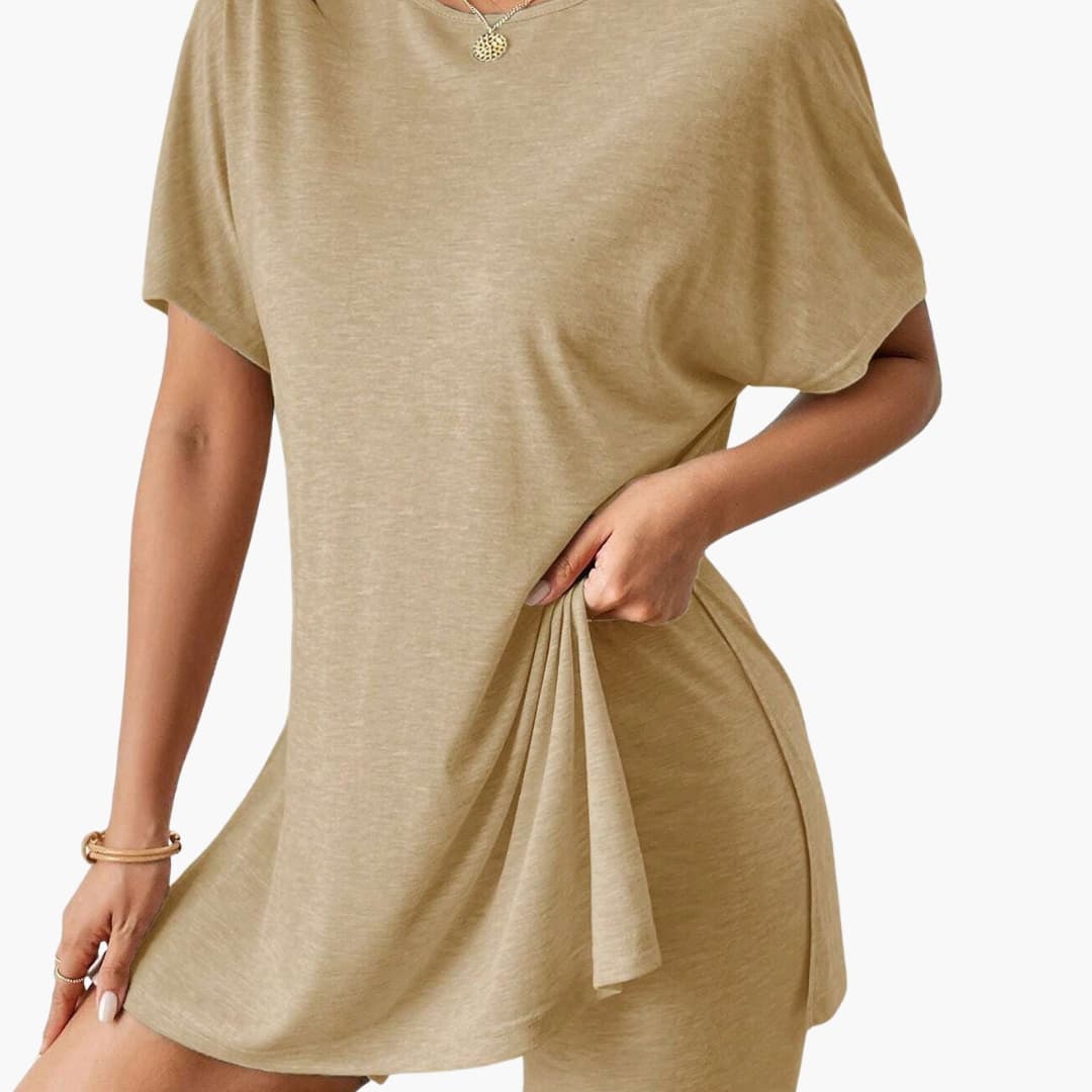 Women's Short Sleeve Lounge Set Cotton Elastic Waist Shorts - VibreMode