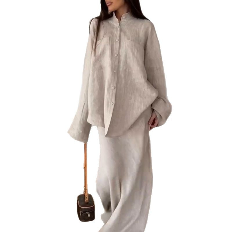 Women's Collared Shirt Midi Skirt Set - VibreMode