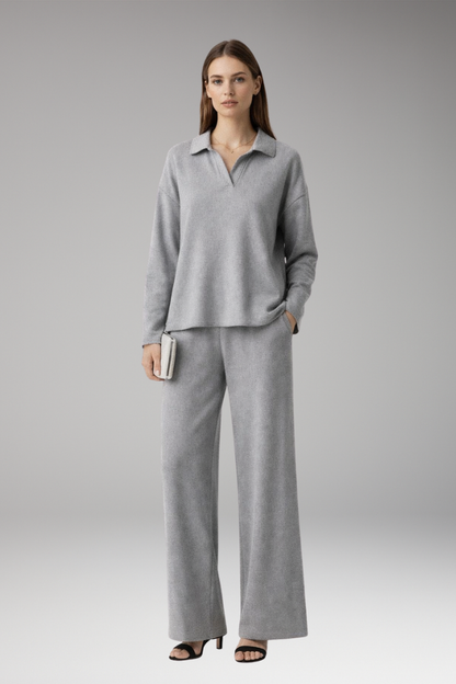 Women's Polo Collar Wide Leg Pants Set