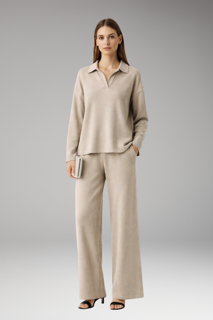 Women's Polo Collar Wide Leg Pants Set