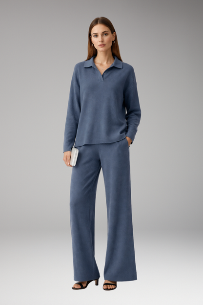 Women's Polo Collar Wide Leg Pants Set