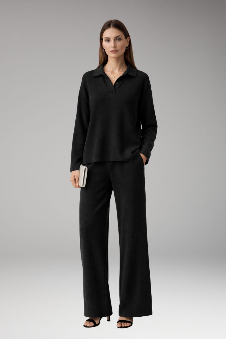 Women's Polo Collar Wide Leg Pants Set