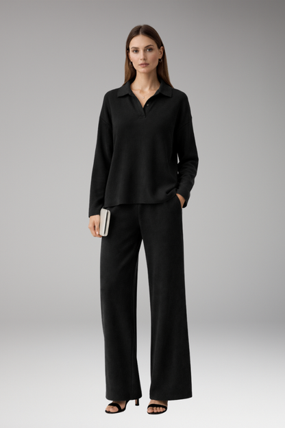 Women's Polo Collar Wide Leg Pants Set