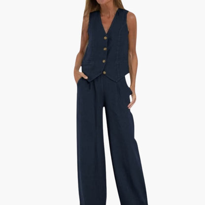 Women's Two-Piece V-Neck Vest And Wide Leg Pants Set - VibreMode