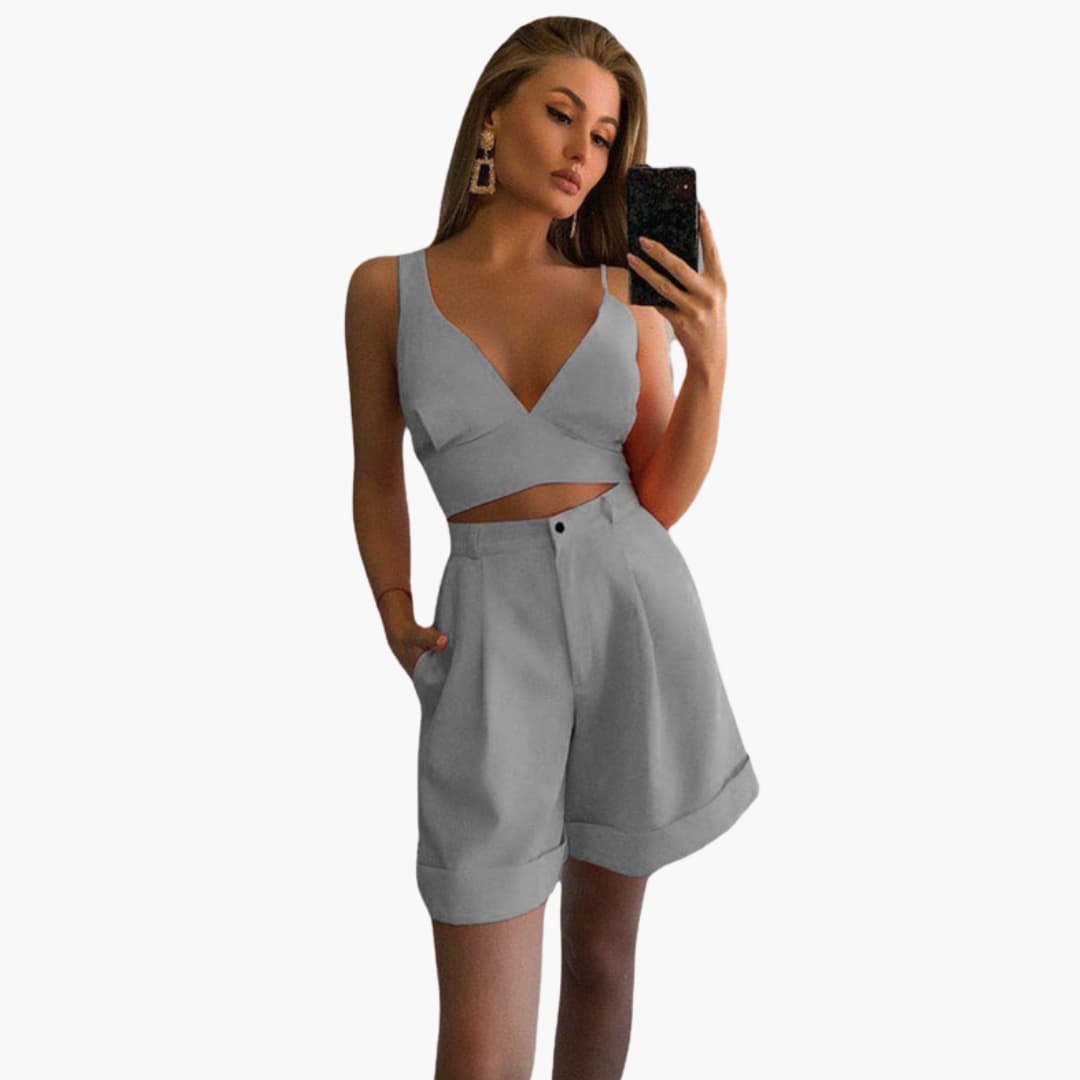 Women's V-Neck Crop And Shorts Set