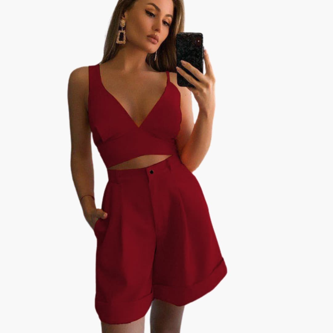 Women's V-Neck Crop And Shorts Set
