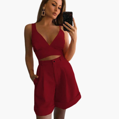 Women's V-Neck Crop And Shorts Set