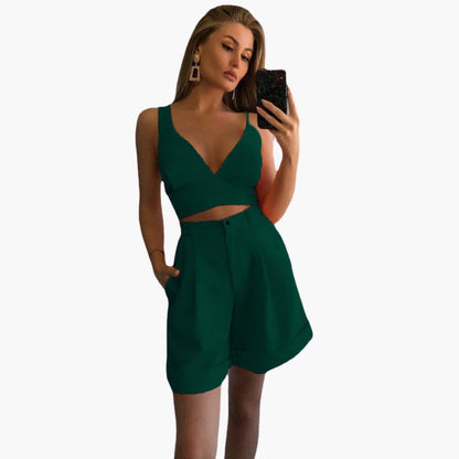 Women's V-Neck Crop And Shorts Set