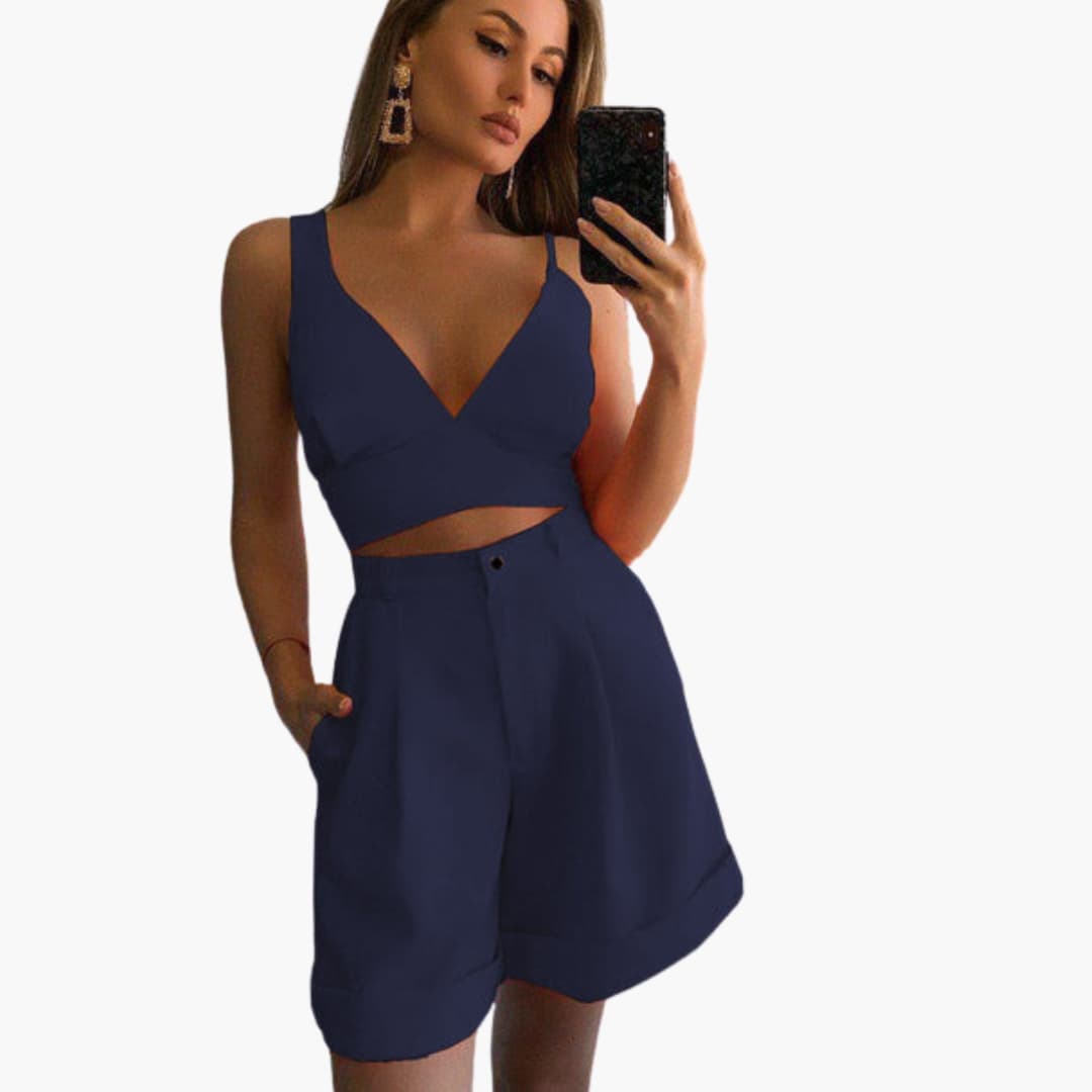 Women's V-Neck Crop And Shorts Set