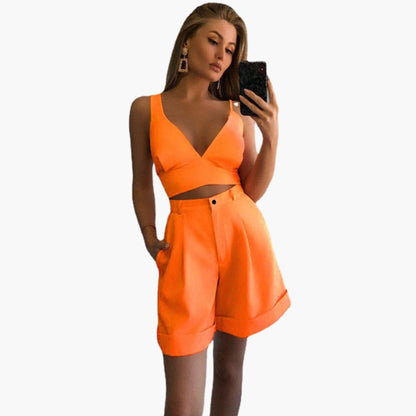 Women's V-Neck Crop And Shorts Set