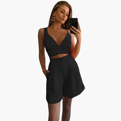 Women's V-Neck Crop And Shorts Set