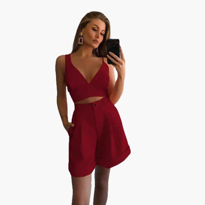 Women's V-Neck Crop And Shorts Set