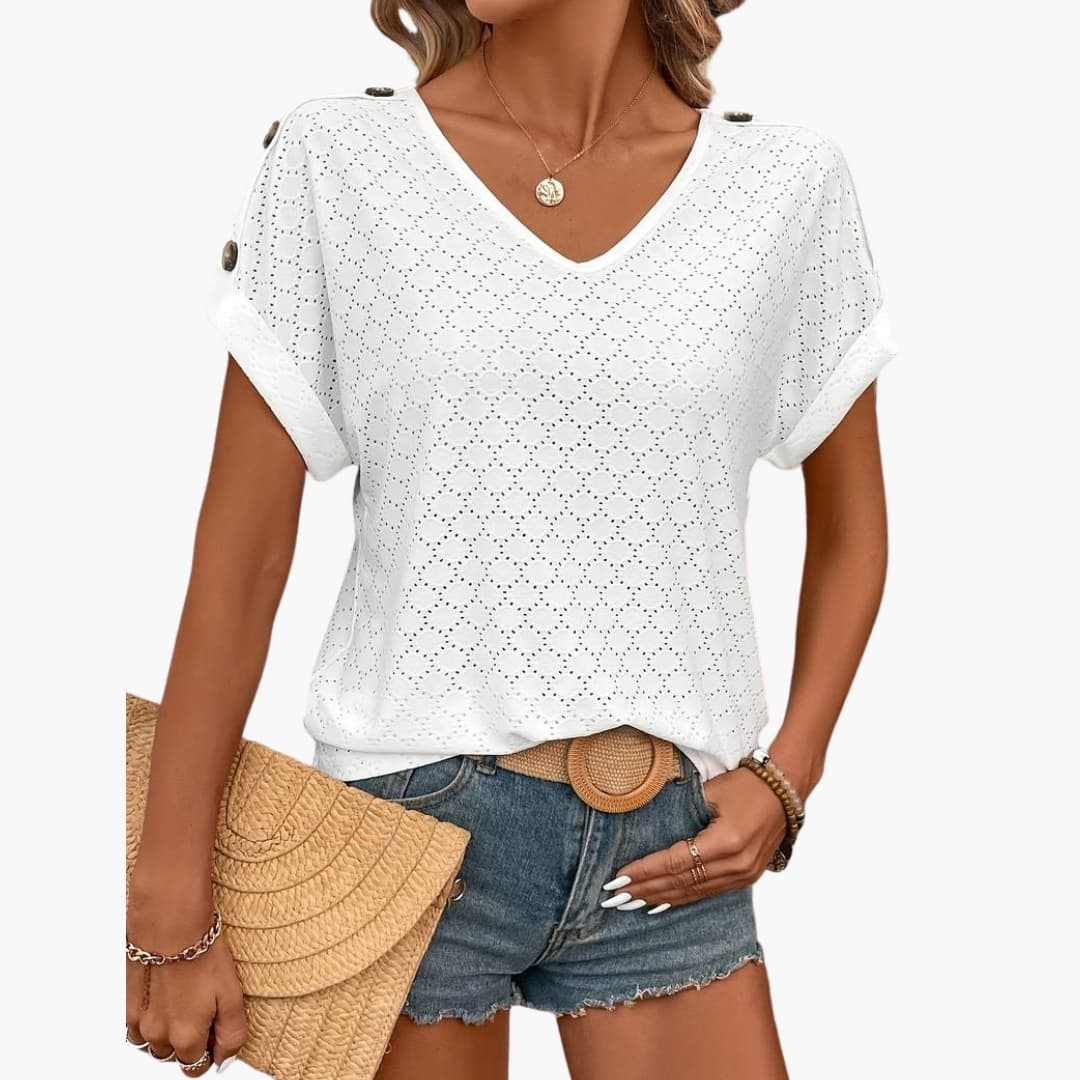 Women's Short Sleeve V-Neck T-Shirt Eyelet Detail White - VibreMode