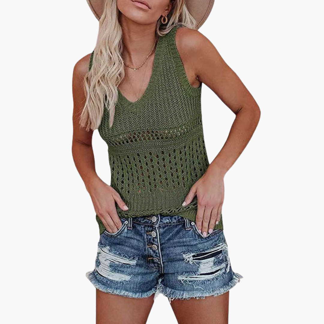 Women's Knit Tank V-Neck Eyelet Design - VibreMode