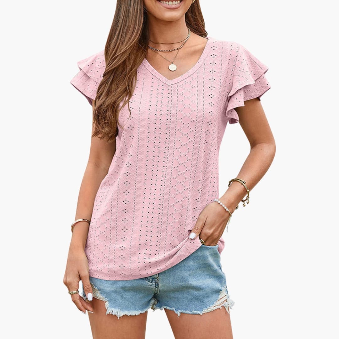 Women's Short Sleeve Eyelet Ruffle