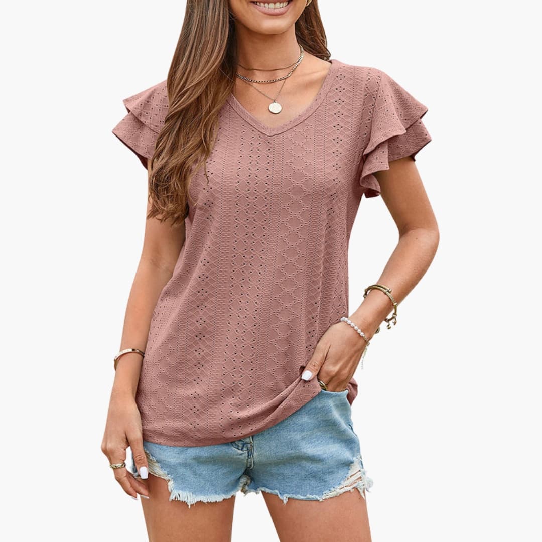 Women's Short Sleeve Eyelet Ruffle