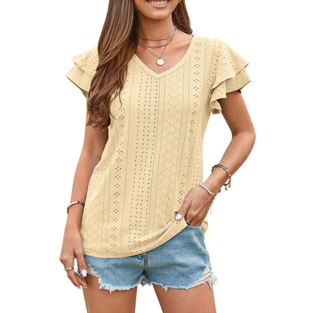 Women's Short Sleeve Eyelet Ruffle