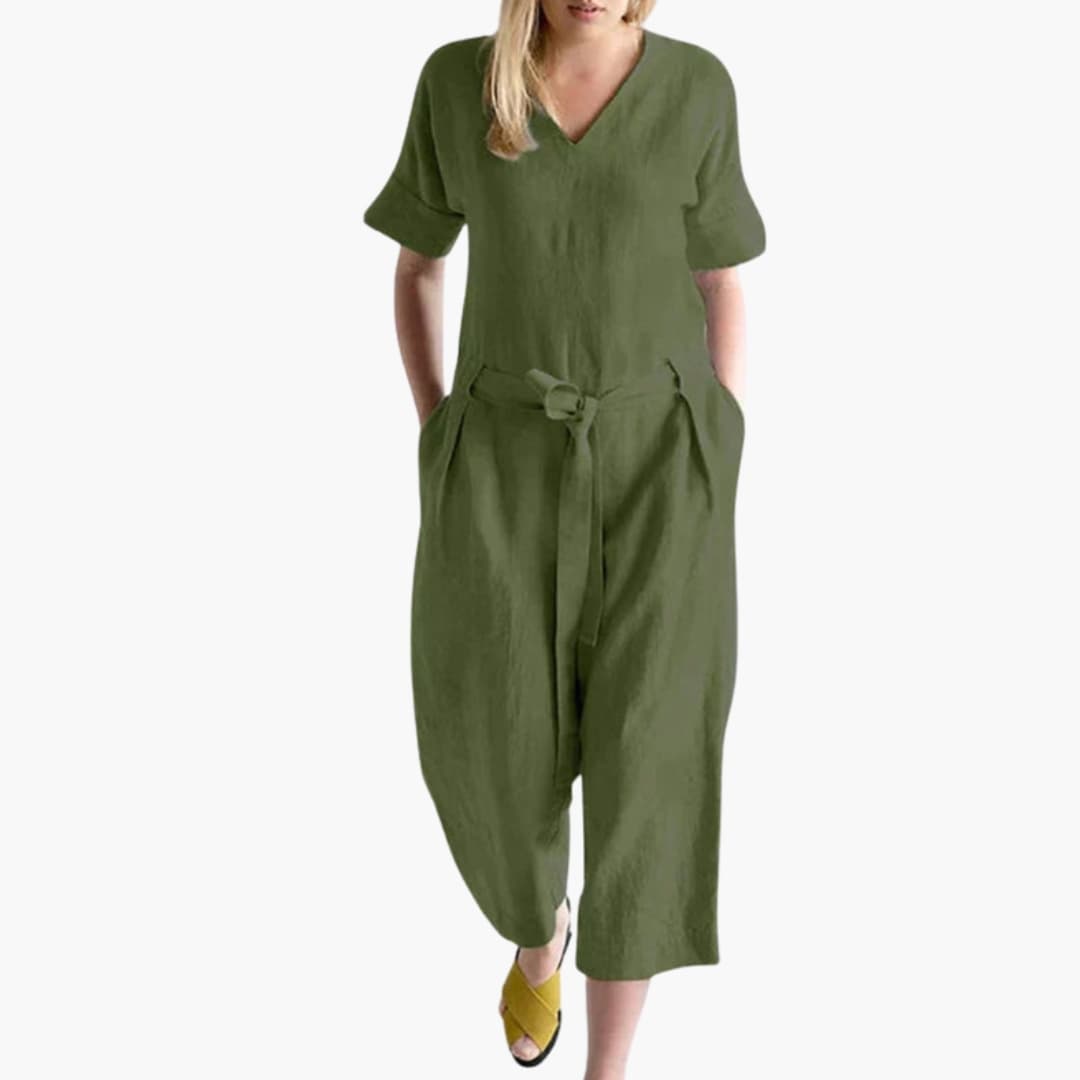 Women's V-Neck Short Sleeve Jumpsuit with Waist Tie