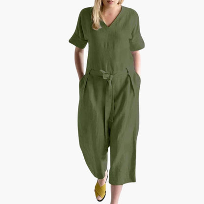 Women's V-Neck Short Sleeve Jumpsuit with Waist Tie