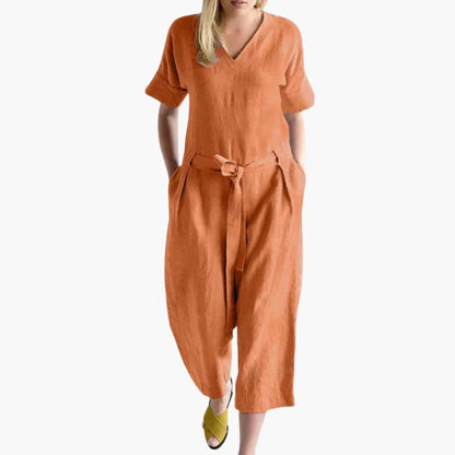 Women's V-Neck Short Sleeve Jumpsuit with Waist Tie - VibreMode