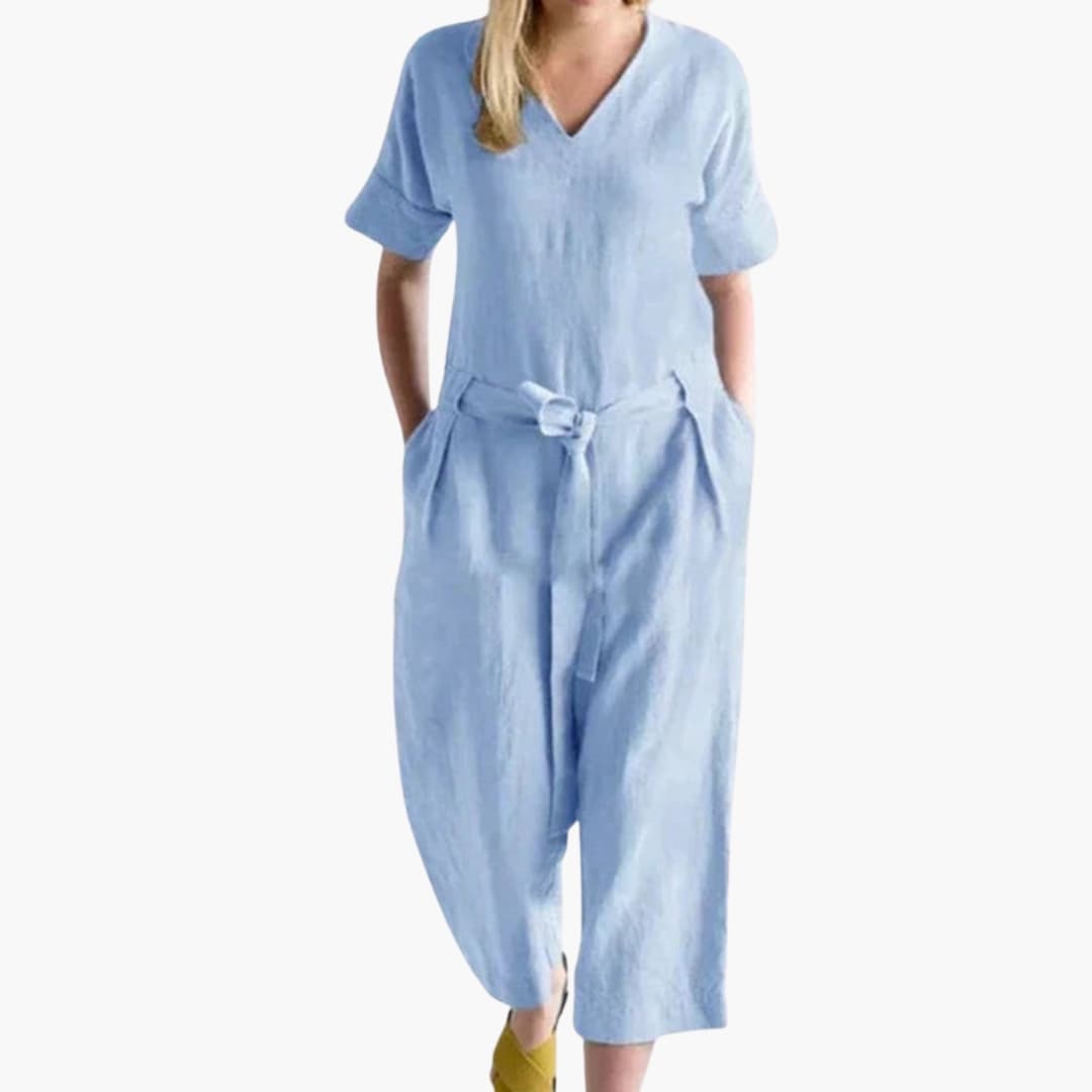 Women's V-Neck Short Sleeve Jumpsuit with Waist Tie