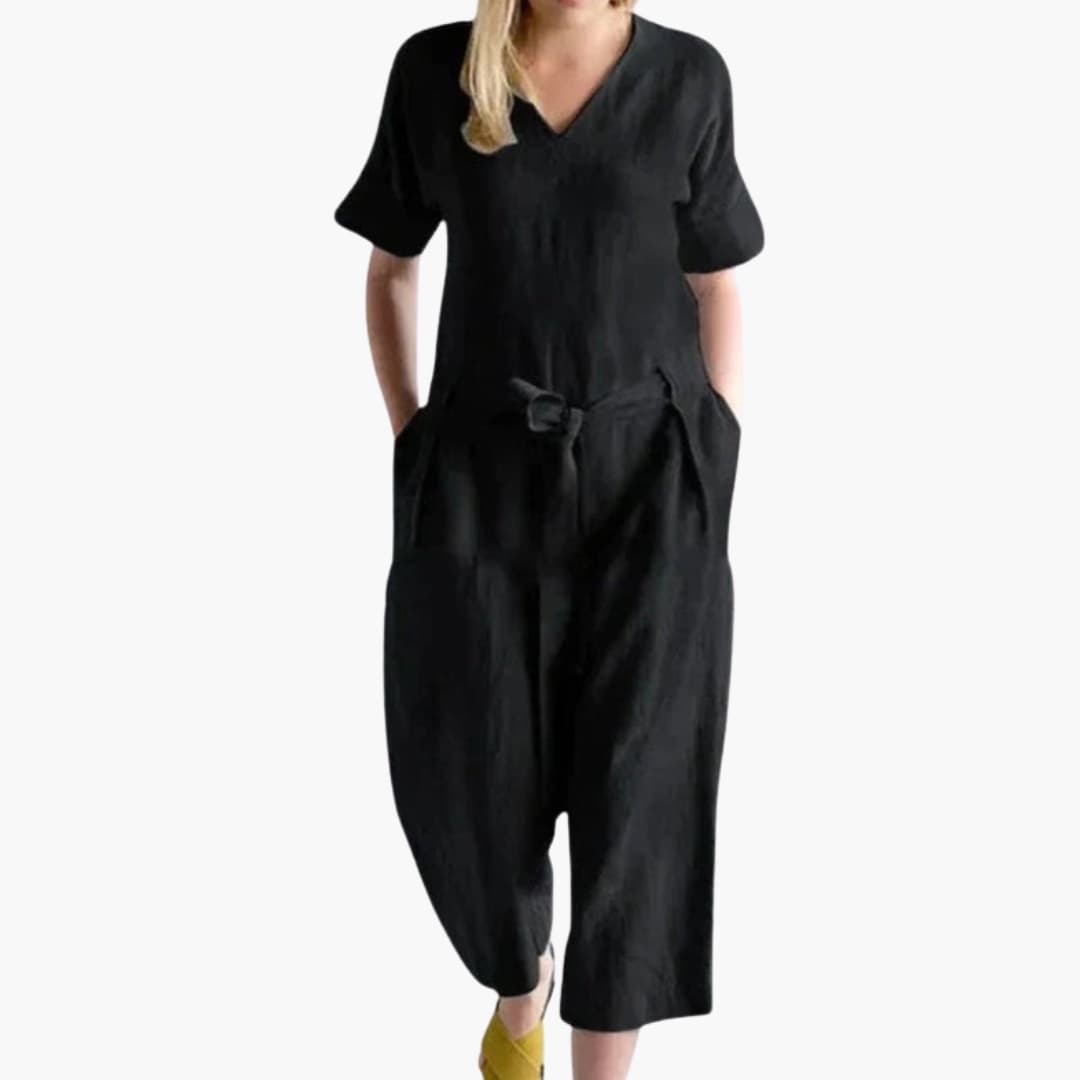 Women's V-Neck Short Sleeve Jumpsuit with Waist Tie