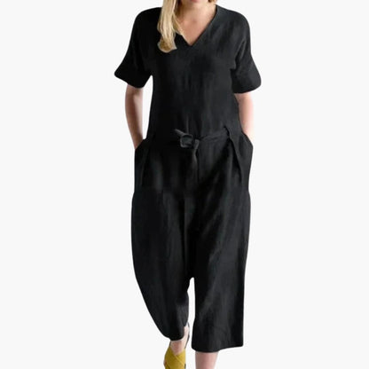 Women's V-Neck Short Sleeve Jumpsuit with Waist Tie