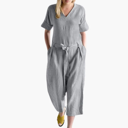 Women's V-Neck Short Sleeve Jumpsuit with Waist Tie