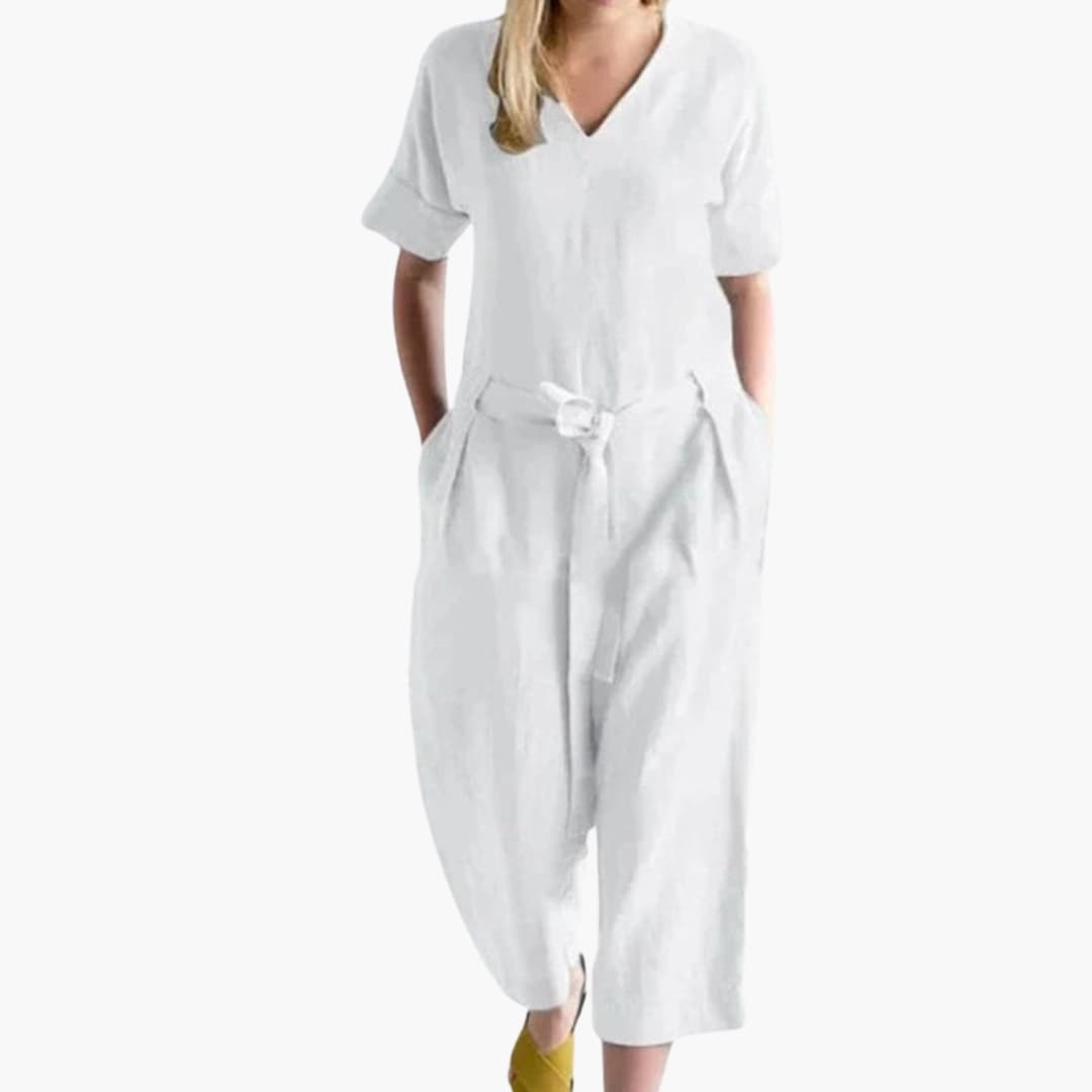 Women's V-Neck Short Sleeve Jumpsuit with Waist Tie