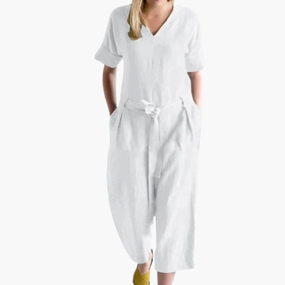 Women's V-Neck Short Sleeve Jumpsuit with Waist Tie