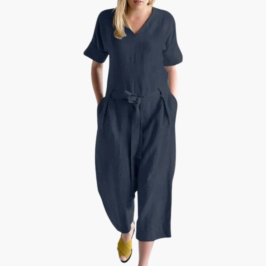 Women's V-Neck Short Sleeve Jumpsuit with Waist Tie
