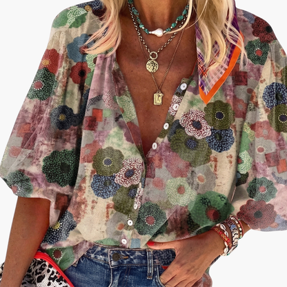 Women's Long Sleeve V-Neck Blouse Woven Pullover