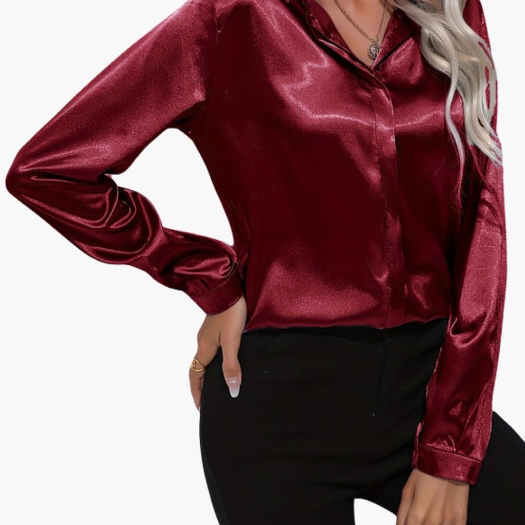 Women's V-Neck Long Sleeve Satin Blouse