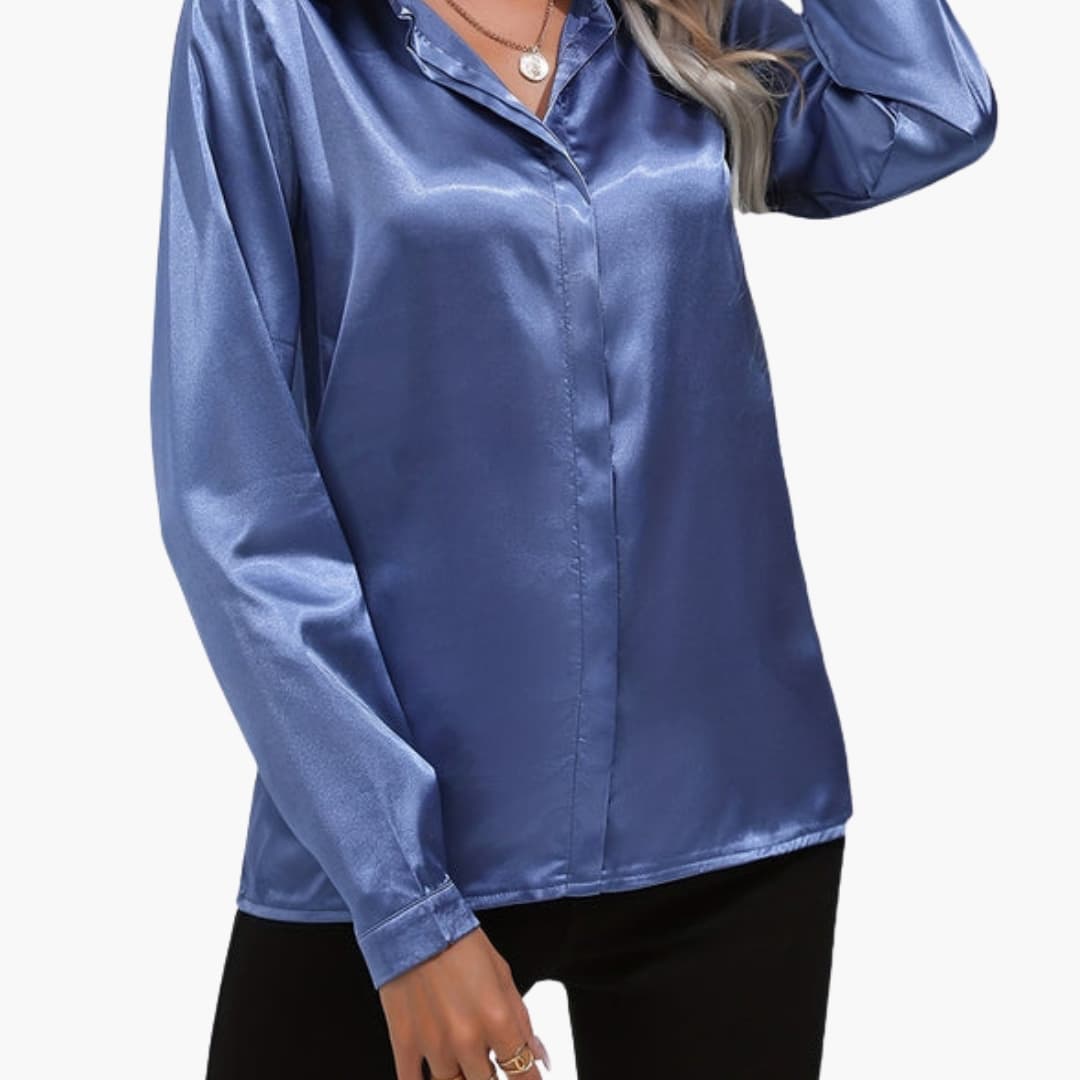 Women's V-Neck Long Sleeve Satin Blouse - VibreMode