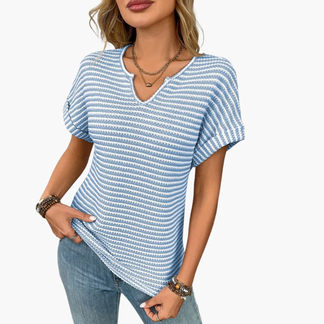 Women's Striped Short Sleeve T-Shirt Stretch V-Neck