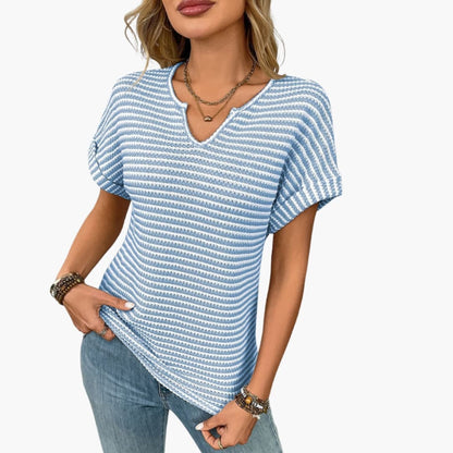 Women's Striped Short Sleeve T-Shirt Stretch V-Neck