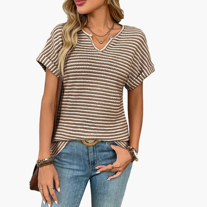 Women's Striped Short Sleeve T-Shirt Stretch V-Neck