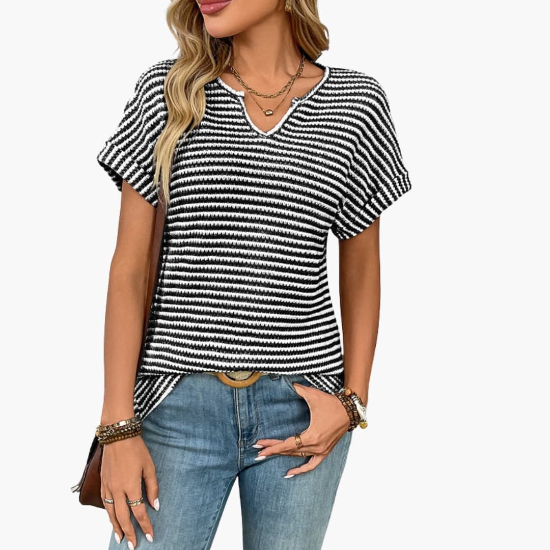 Women's Striped Short Sleeve T-Shirt Stretch V-Neck - VibreMode