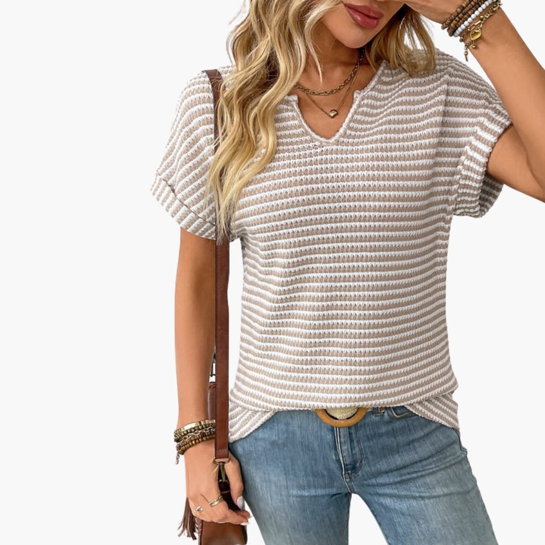 Women's Striped Short Sleeve T-Shirt Stretch V-Neck