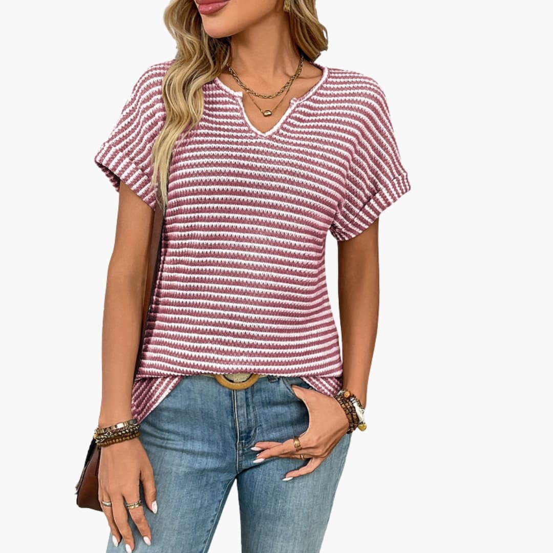Women's Striped Short Sleeve T-Shirt Stretch V-Neck