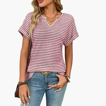 Women's Striped Short Sleeve T-Shirt Stretch V-Neck