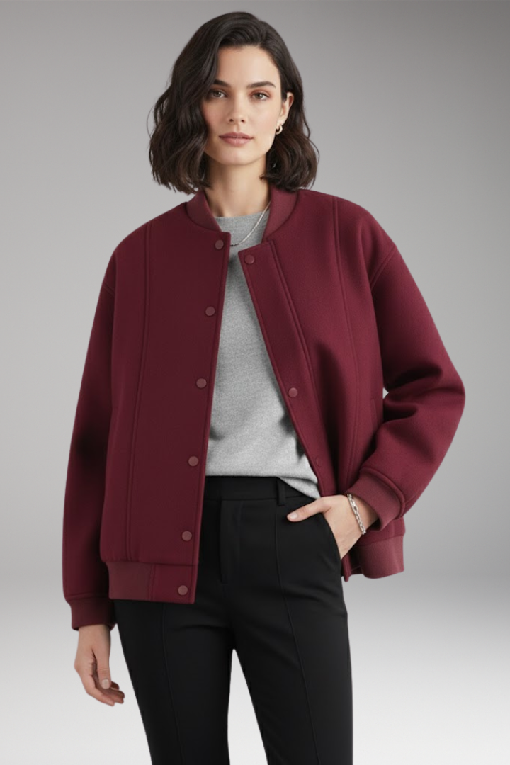 Women's Bomber Jacket Snap Closure Ribbed Trim