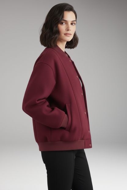 Women's Bomber Jacket Snap Closure Ribbed Trim