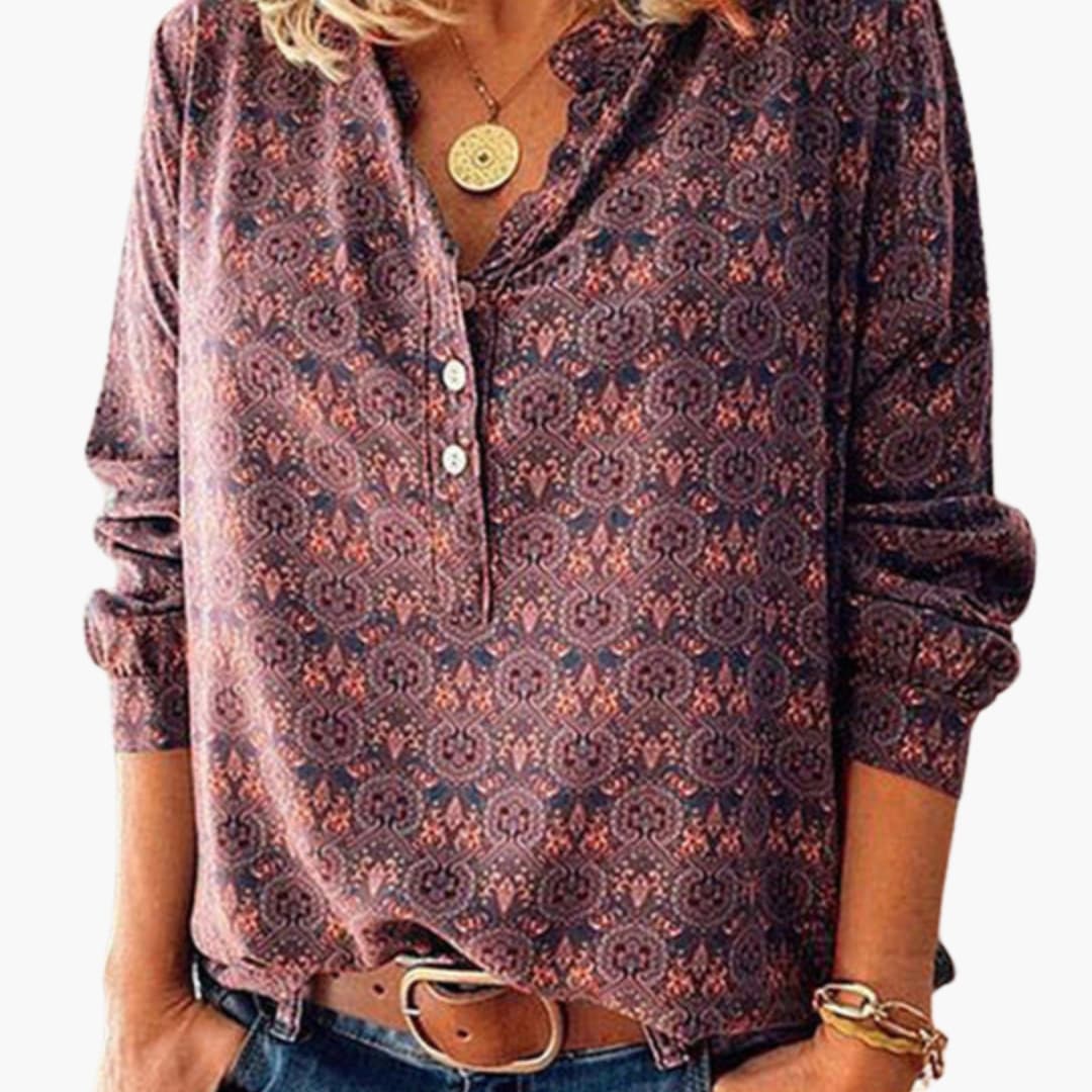 Women's Long Sleeve Button-Down Blouse Cotton Vintage Print