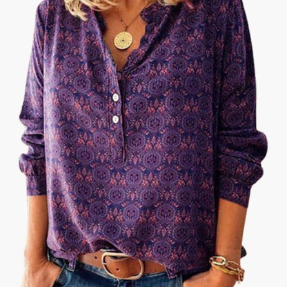 Women's Long Sleeve Button-Down Blouse Cotton Vintage Print