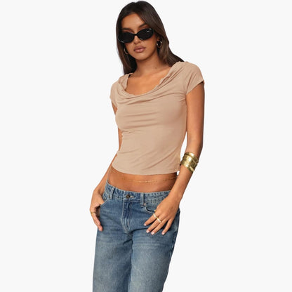 Women's Fitted Short Sleeve T-Shirt Waterfall Neckline - VibreMode