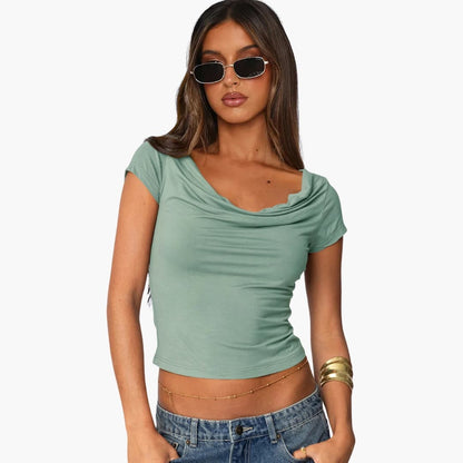 Women's Fitted Short Sleeve T-Shirt Waterfall Neckline