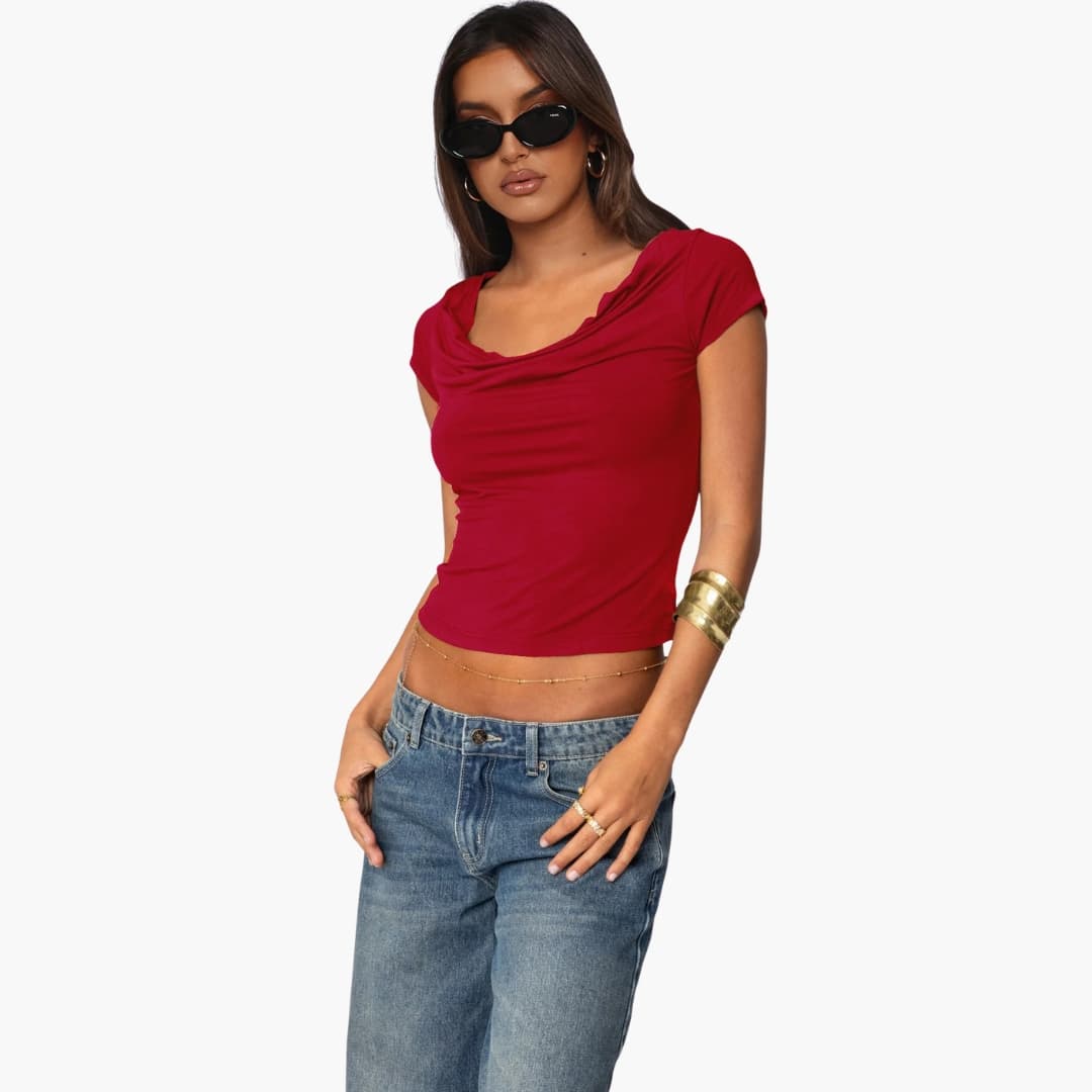 Women's Fitted Short Sleeve T-Shirt Waterfall Neckline