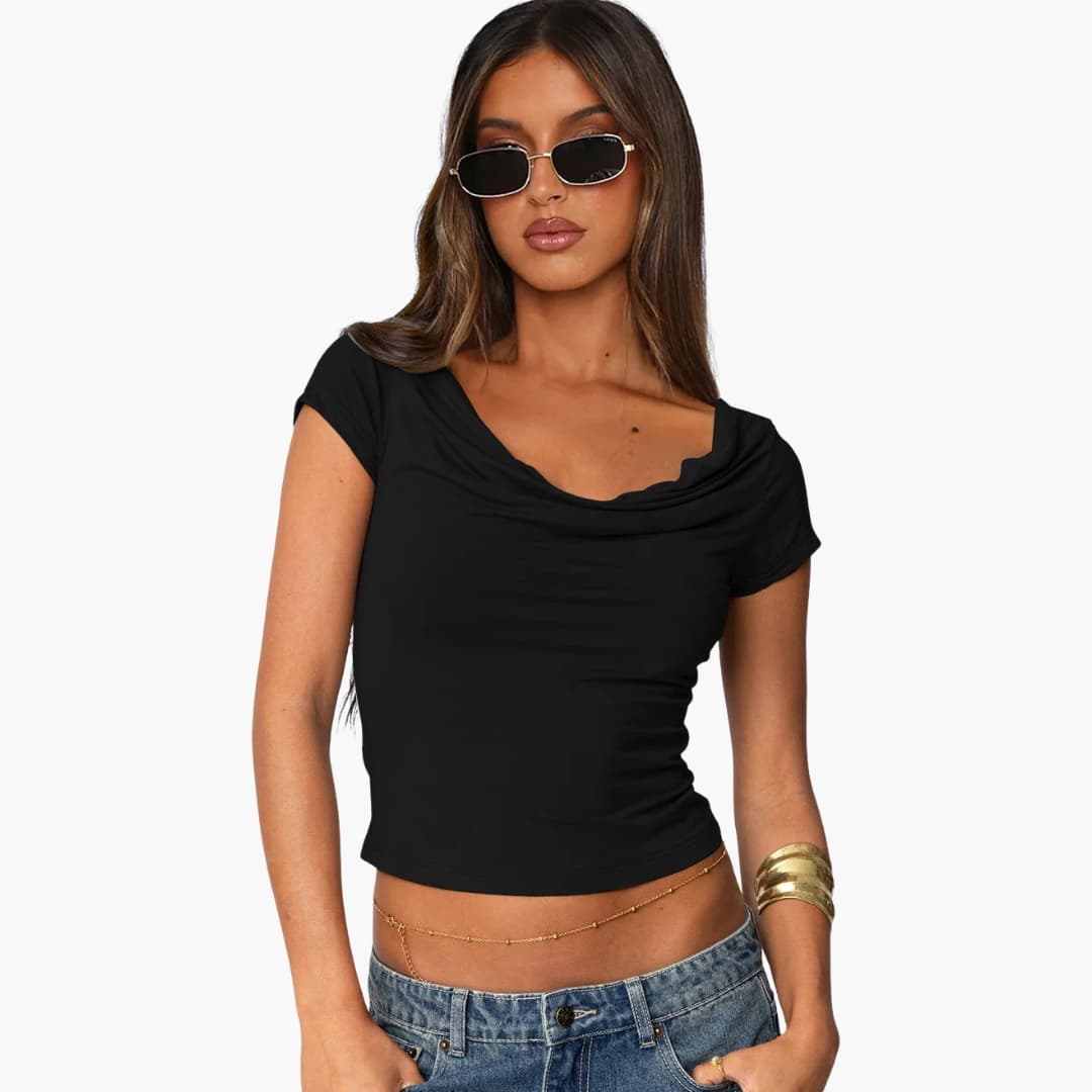 Women's Fitted Short Sleeve T-Shirt Waterfall Neckline